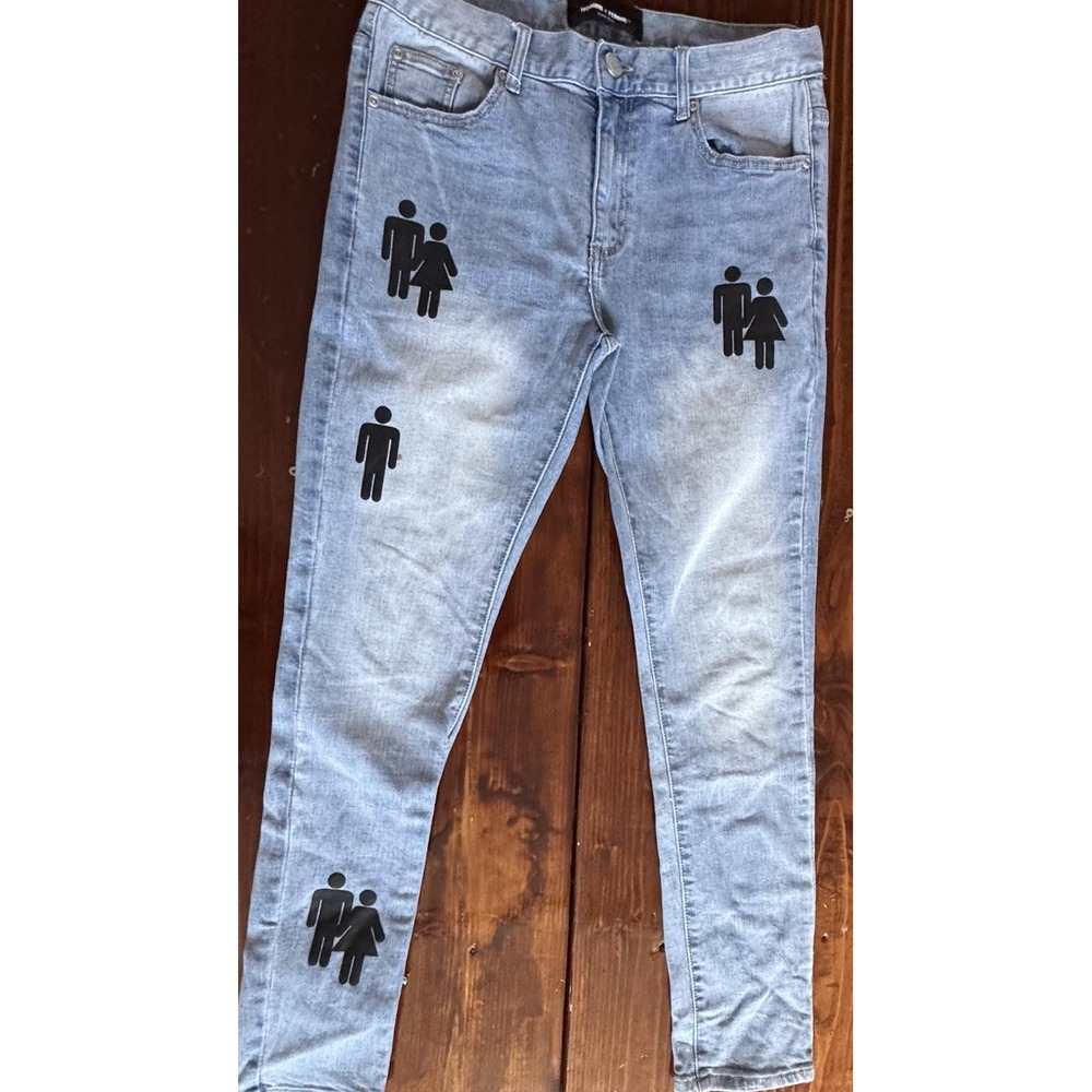 Homme + Femme Graphic Jeans Light Wash‎ Men's 34x29 Streetwear Logo Denim Pants